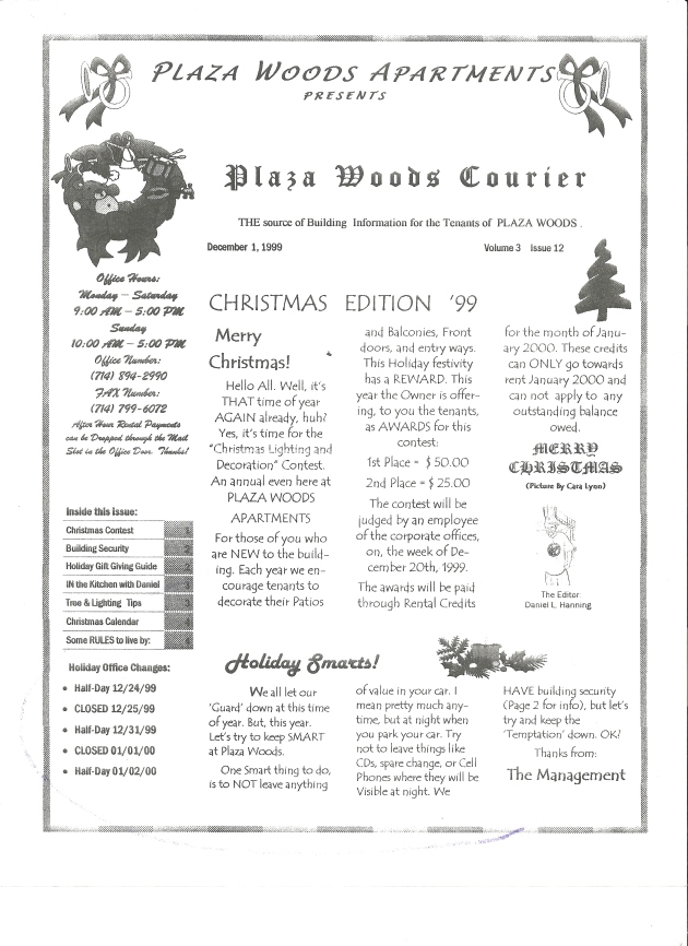 Christmas 1999 Plaza Woods Courier Front Page