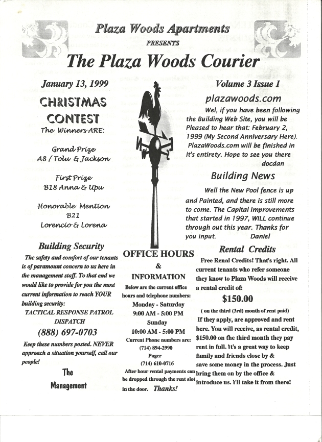 January 1999 Front Page Plaza Woods Courier